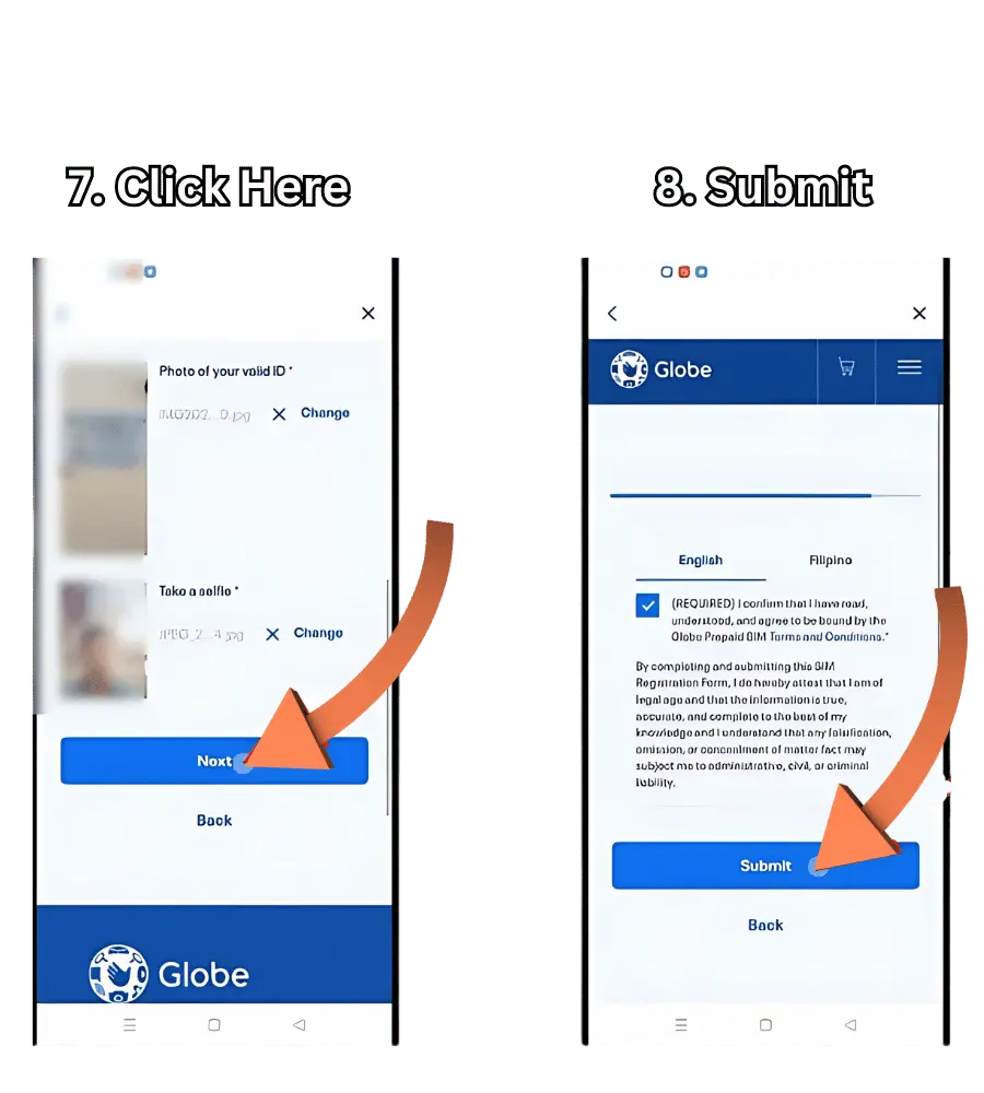 visual representation of step 7 and 8 registering tm sim card on globeone app